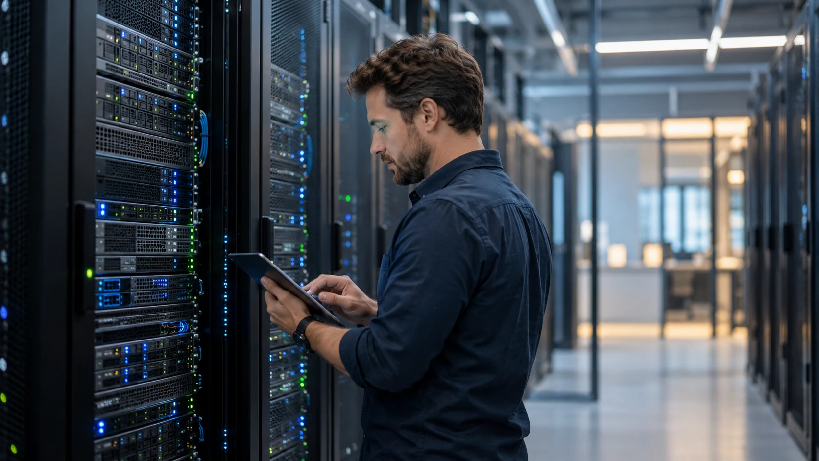 IT specialist working with server infrastructure during recovery operations